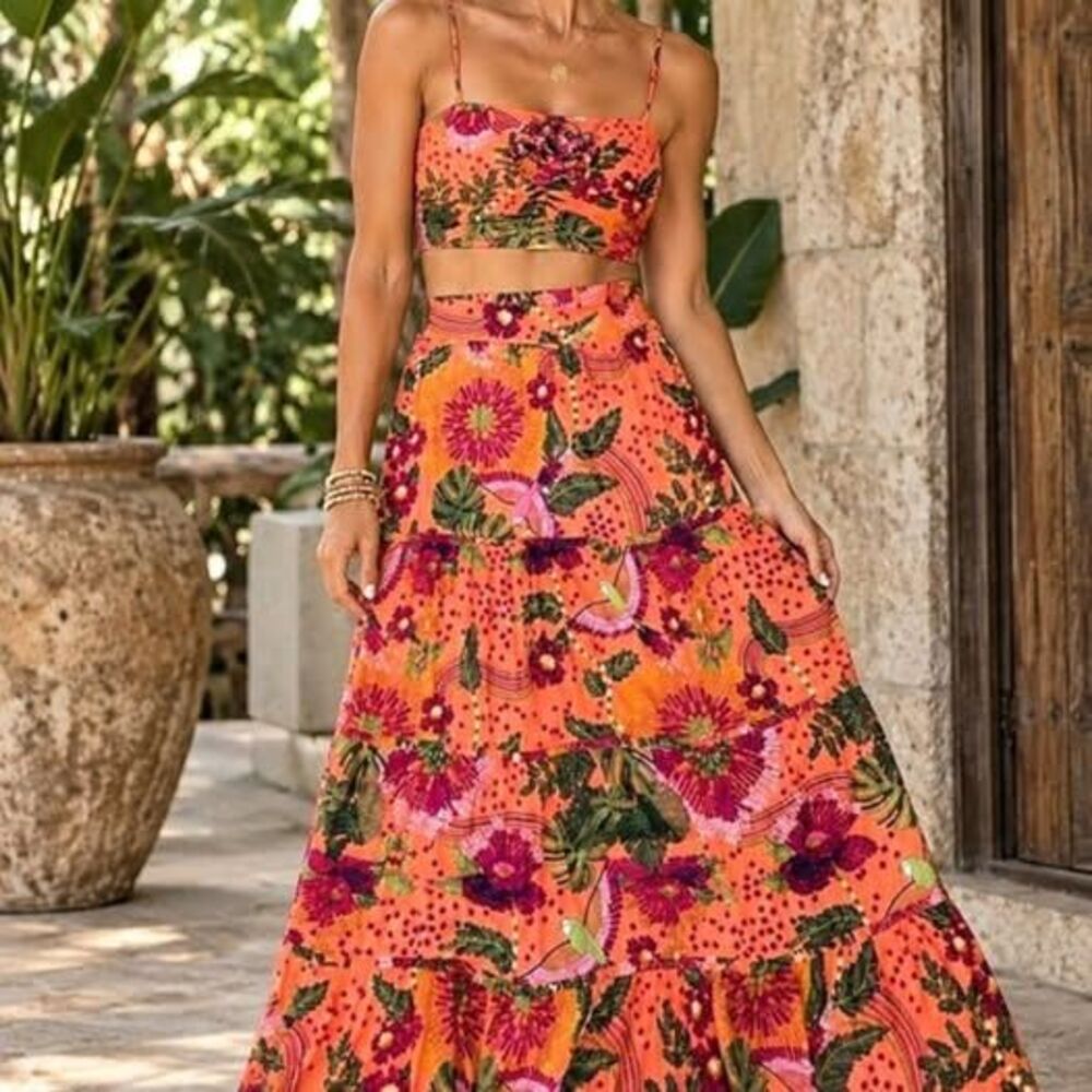 Joie Orange Tropical Floral Bird Crop Top & Tiered Maxi Skirt 2-Piece Set
